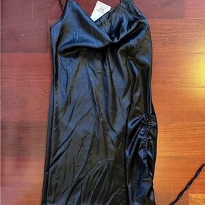 Satin Black Mini Slip Dress with Side Ruching